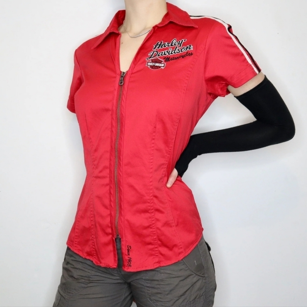 Harley-Davidson Red Short Sleeve Zip Front Racing Shirt with Black & White Trim